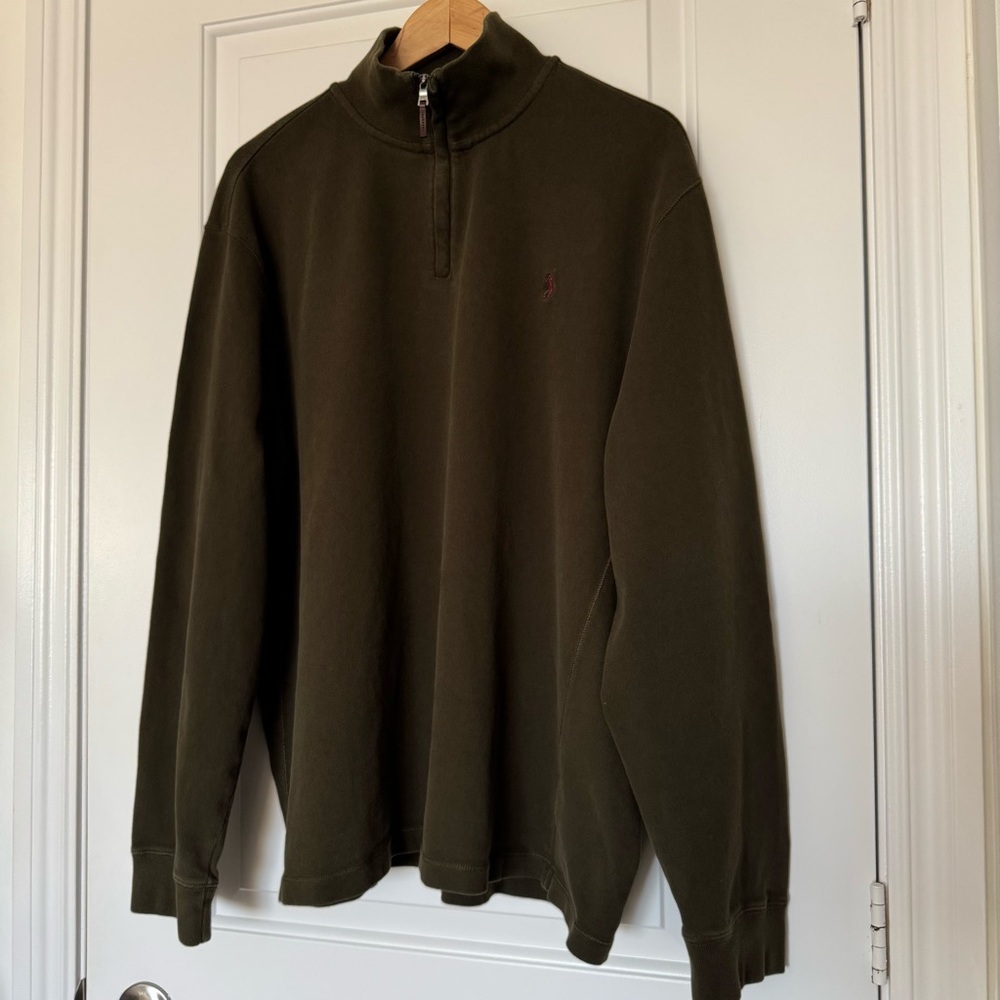 Vintage Polo Ralph Lauren Pony 1/4 Zip Green Pullover Sweater 100% Cotton XXL
